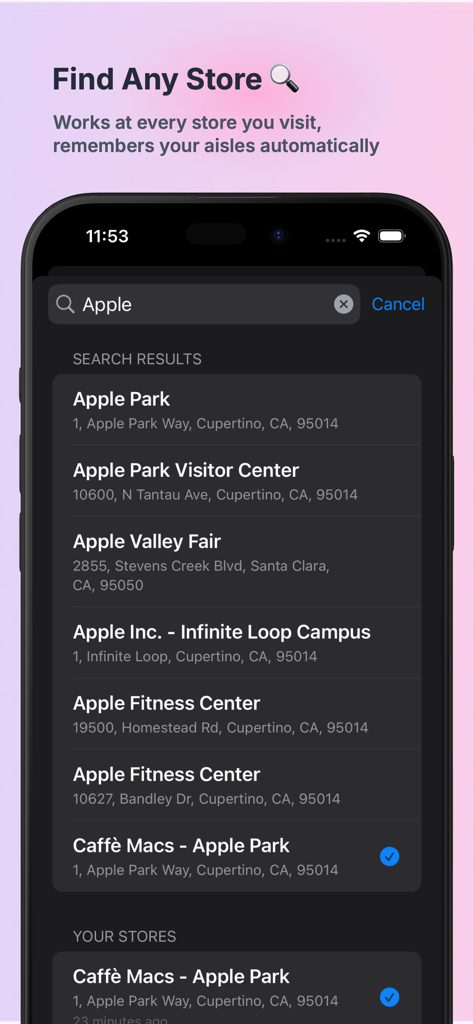 AisleMate: Grocery Aisle List - AisleMate app screenshot showing the store search results for location-based shopping optimization.