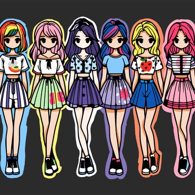 'a group of girls wearing shirt dresses crop tops skirts and shorts