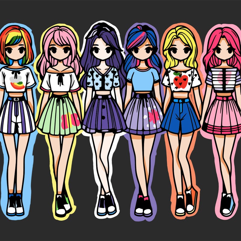 'a group of girls wearing shirt dresses crop tops skirts and shorts