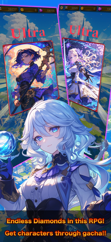 Mystic Dungeon - A promotional image for Mystic Dungeon featuring several anime-style female characters and gacha cards with the text Endless Diamonds in this RPG.