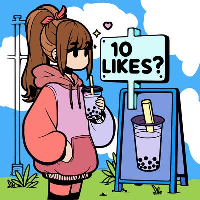 girl with oversized hoodie drinking boba and she has a high ponytail with a sign that says 10likes?