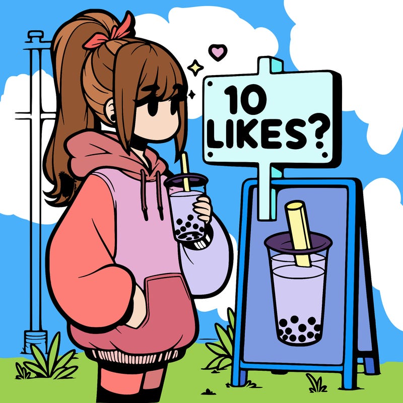 girl with oversized hoodie drinking boba and she has a high ponytail with a sign that says 10likes?