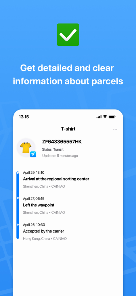 Package tracker: Parcels Hub - A mobile screen showing detailed delivery status and history for an international package tracking