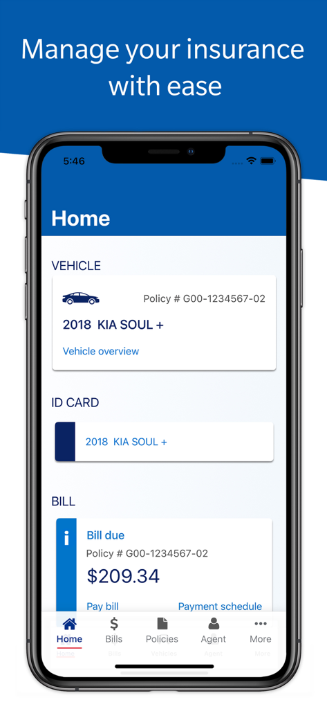 Bristol West Insurance app home screen showing vehicle details and bill payment status
