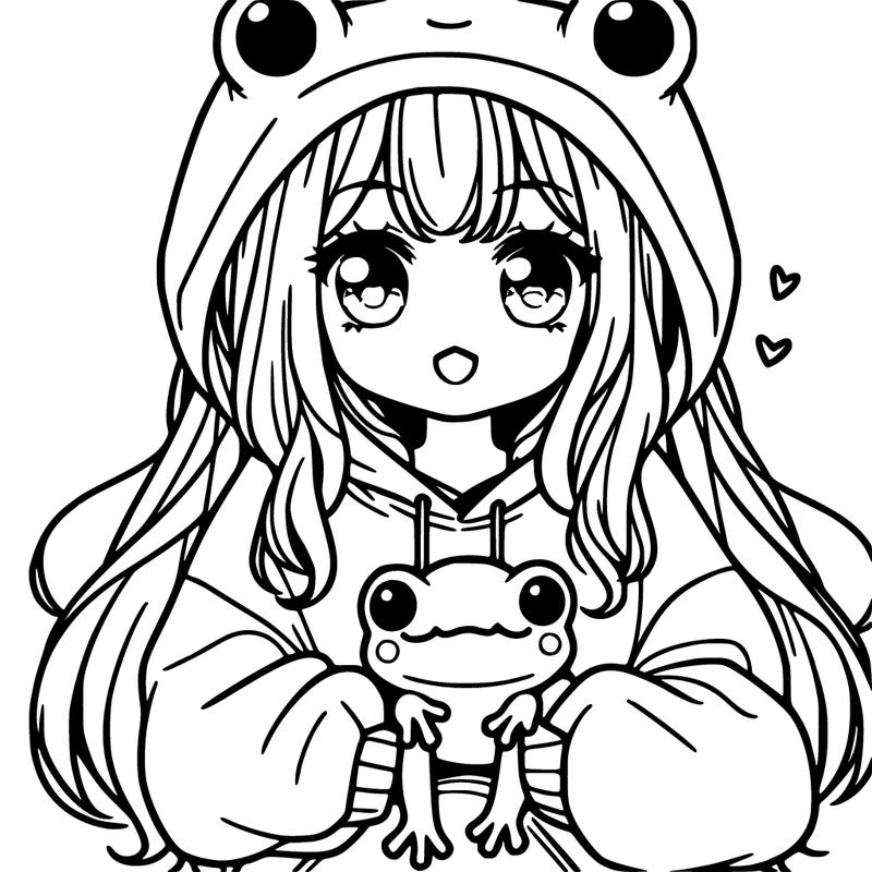 girl with long hair and oversized frog hoodie holding a frog