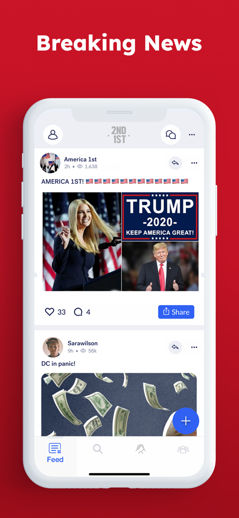 Ein Smartphone, das den Breaking-News-Feed der 2nd1st-App mit Social-Media-Beiträgen und politischer Symbolik anzeigt.