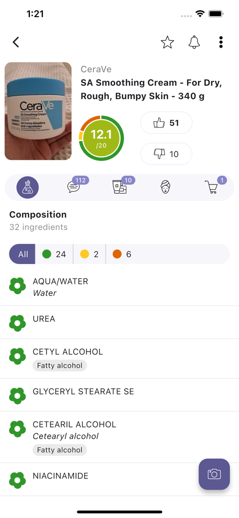 INCI Beauty app screen showing a safety rating and ingredient breakdown for CeraVe SA Smoothing Cream