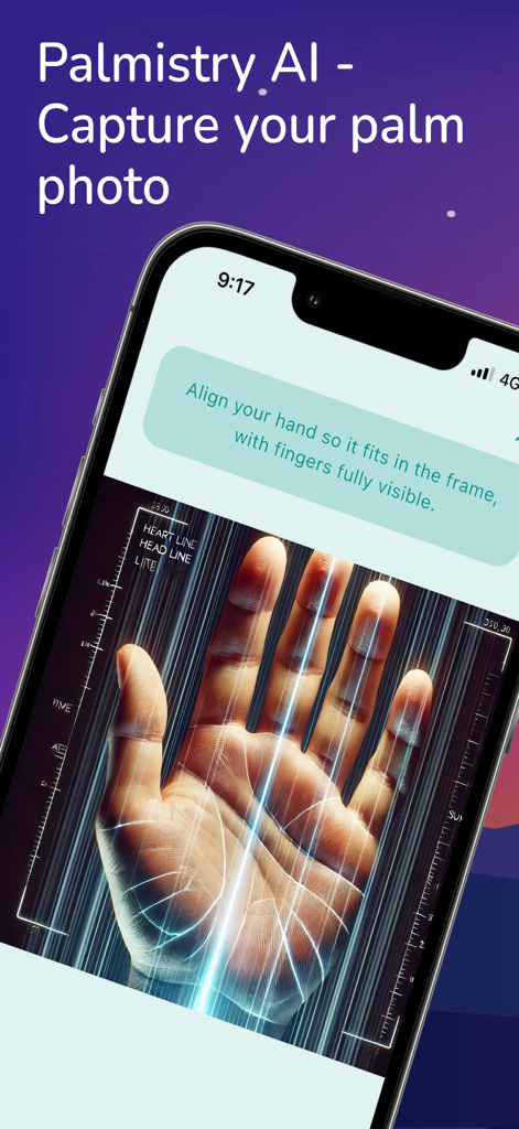 Palmistry GPT-AI Palm Reading - Ein Smartphone-Bildschirm, der einen KI-gestützten Handscan mit digitalen Linien und Ausrichtungshinweisen zeigt.