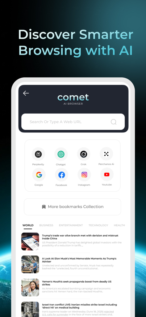Comet - Ai Agent Browser - The home screen of the Comet AI Browser app featuring a search bar, bookmarks for AI tools, and an integrated news feed.