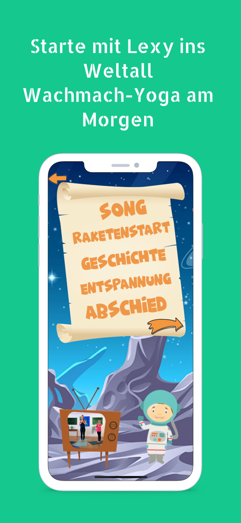Kinderyoga: Yoga for Kids - 아침 기상 루틴을 위한 우주 테마의 렉시 우주비행사가 등장하는 Kinderyoga 키즈 요가 앱 화면