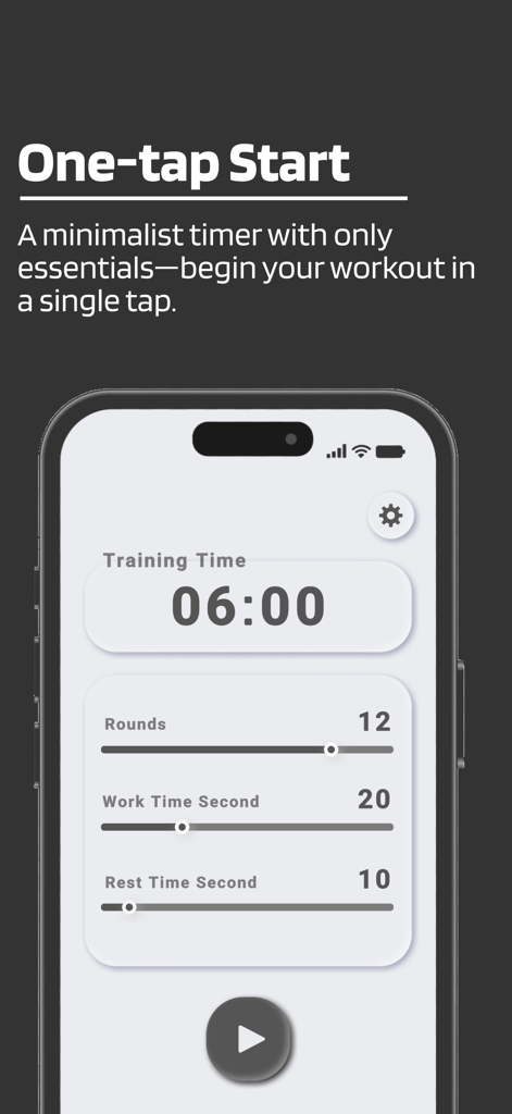 Minimalist HIIT timer interface showing rounds and interval settings with a one tap start button