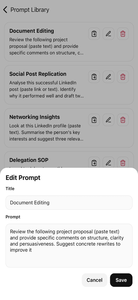 Prompt Engineering Library - Edit prompt interface in the Prompt Engineering Library mobile application.