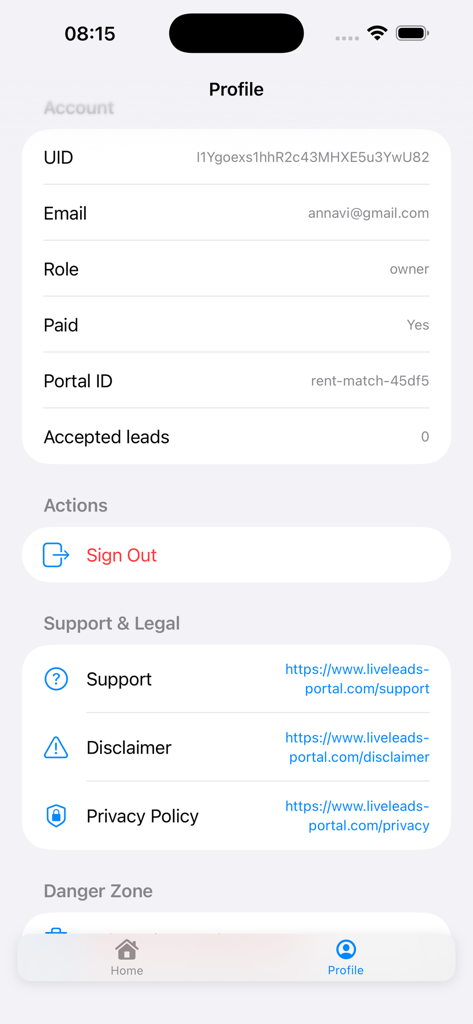 The user profile screen of the LiveLeads app displaying account info role as owner and support links