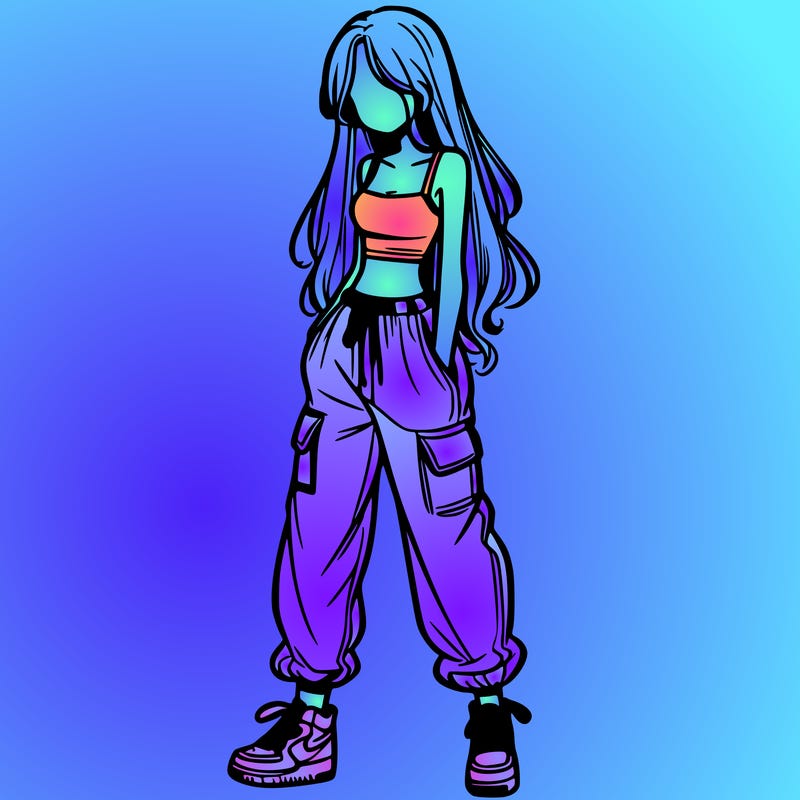 girl in baggy pants crop top and long hair