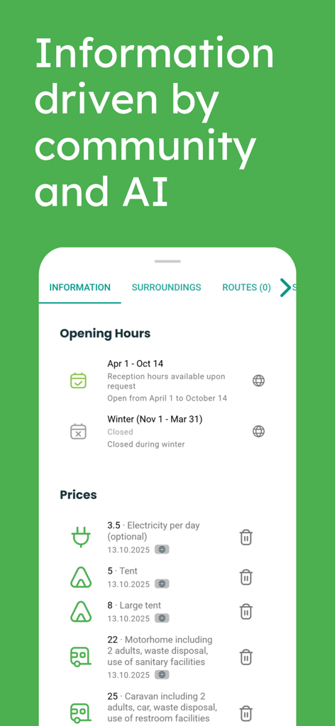 A screenshot of the TrekSpots app displaying campsite opening hours and pricing information for tents and motorhomes.