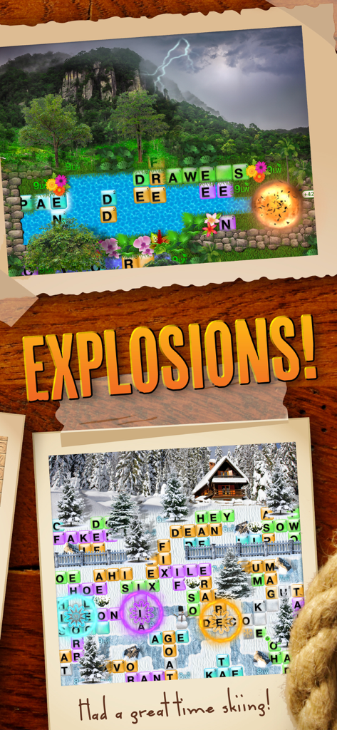 World of Words gameplay showing explosive action tiles on jungle and winter themed boards