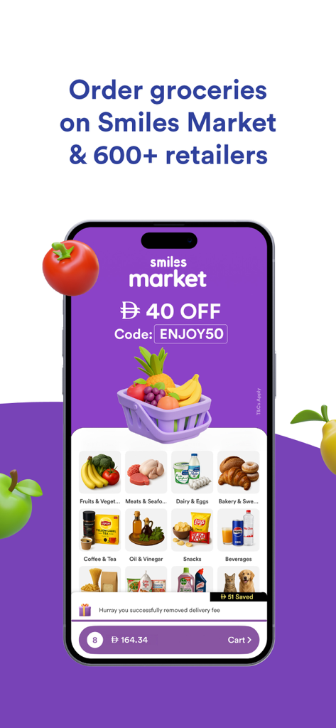 Smiles: Food Grocery Lifestyle - A smartphone screen showing the Smiles Market interface with various grocery categories like fruits, meats, and dairy, featuring a discount offer.