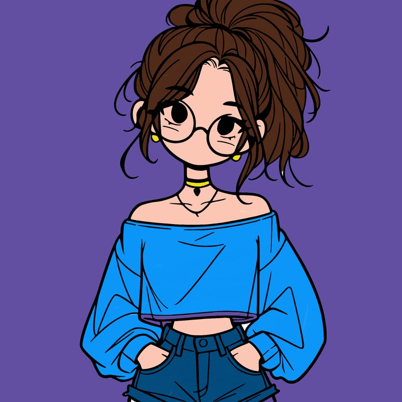 girl with a messy ponytail glasses a baggy crop top and jean shorts