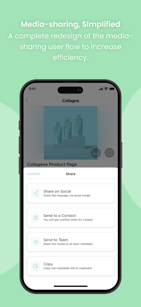 THREE International - Interfaccia dell'app mobile che mostra opzioni per condividere media di prodotto tramite social media, contatti o membri del team.