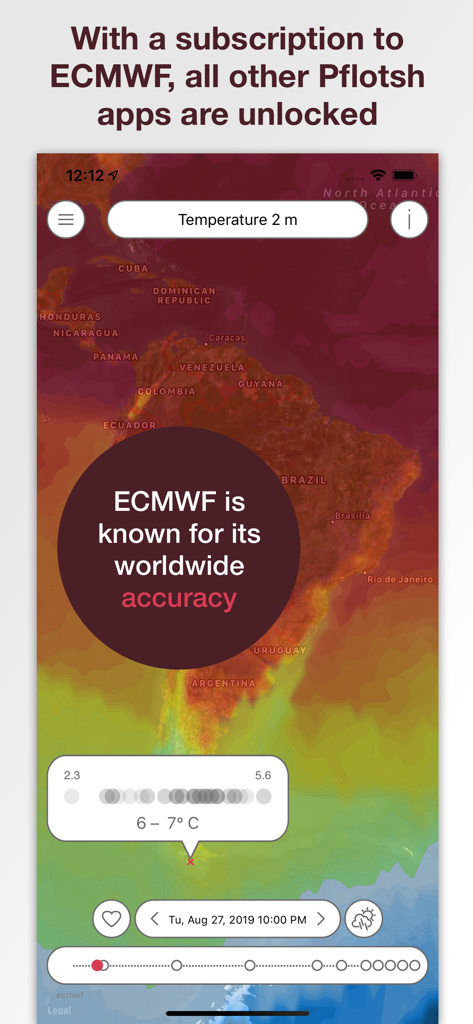 Interfaccia dell'app Pflotsh ECMWF che mostra una mappa di previsione della temperatura con testo sull'accuratezza del modello.