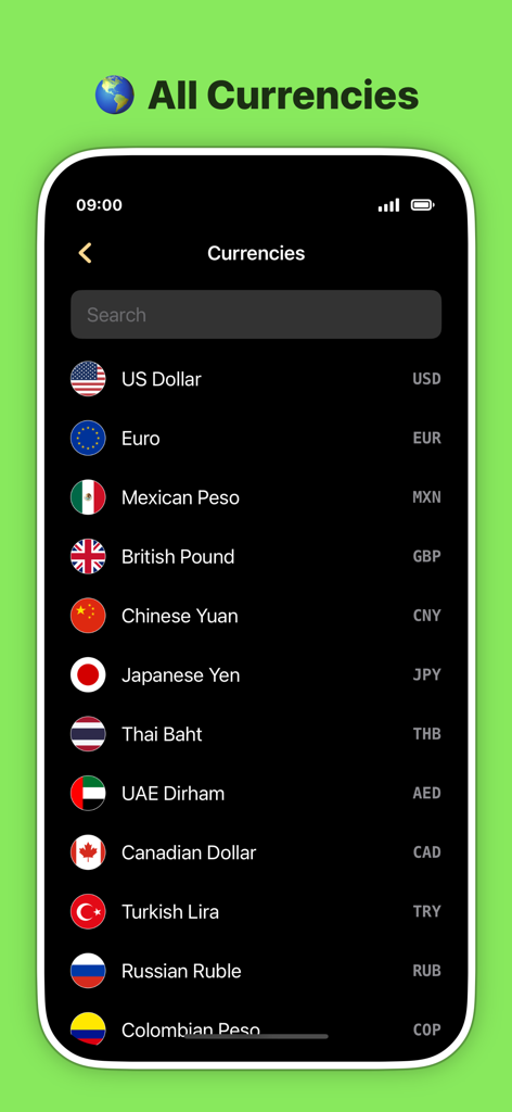 Currency Converter Neo Offline - Interface of Currency Converter Neo Offline showing a list of global currencies and their flags