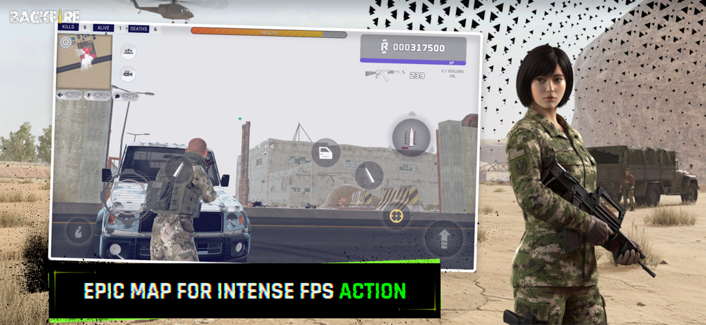 RH3: Backfire - RH3 Backfire gameplay showing a third-person shooter scene with a military character and an open world environment