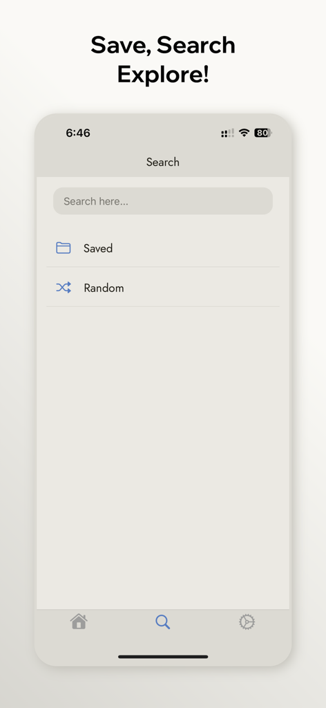 rdx for Reddit - rdx for Reddit app search screen showing a minimalist interface with search bar, saved posts folder, and random button.
