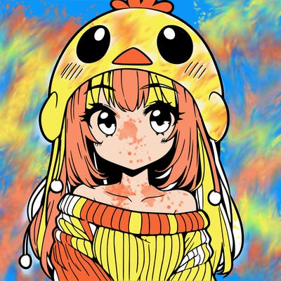 anime girl with chick shaped hat with sweater with bare shoulders with bangs covering them one eye with low tail