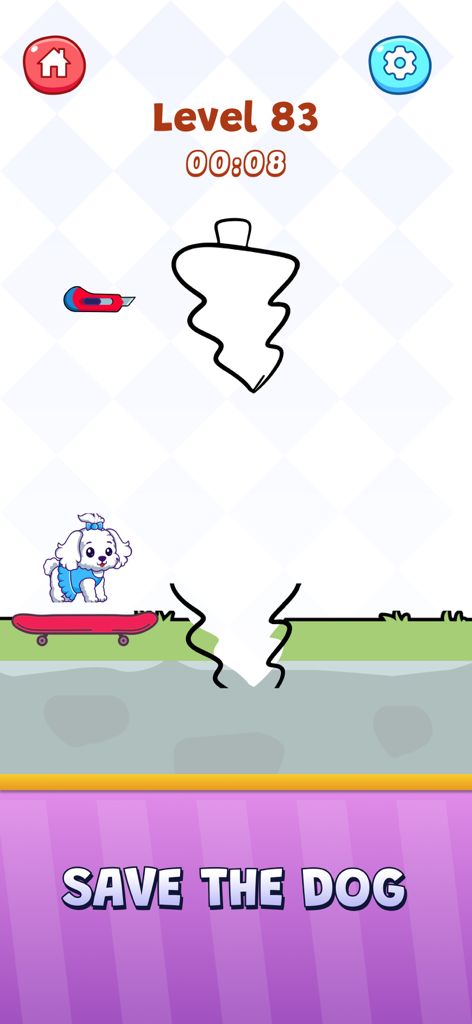 Save the dog mini game level in Tap Tap Challenge app showing a drawing task and a white puppy on a skateboard