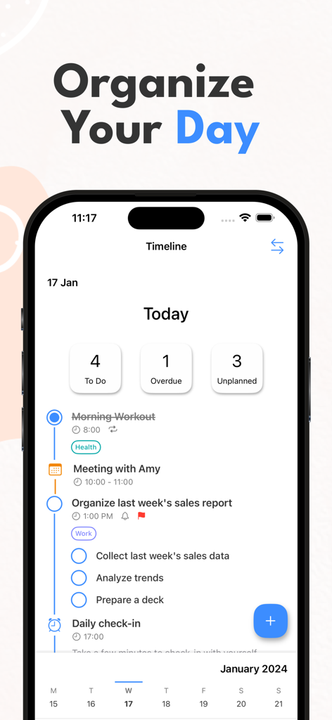 Daily Timeline To-Do : Taskito - Taskito App-Oberfläche, die eine vertikale Zeitleistenansicht zur Organisation täglicher Aufgaben mit Besprechungen und Checklisten zeigt