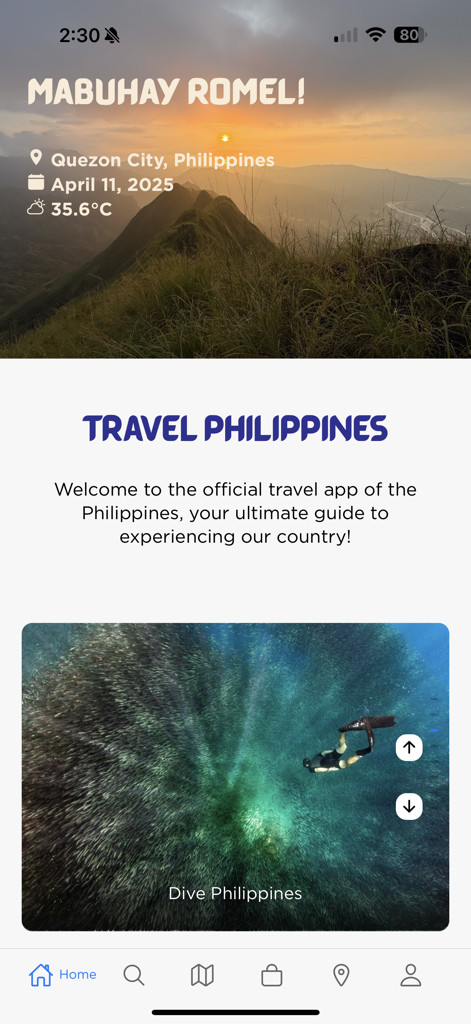 Travel Philippines - The home screen of the Travel Philippines app featuring a personalized greeting and a diving guide.