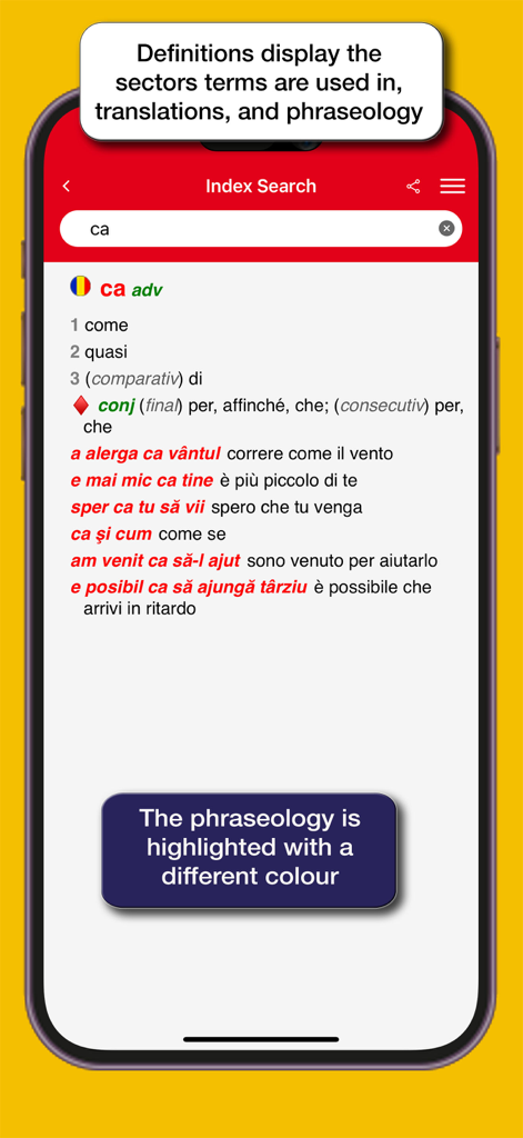 Hoepliルーマニア語辞書アプリで「ca」という単語の索引検索結果が表示され、フレーズとイタリア語訳が強調表示されている様子