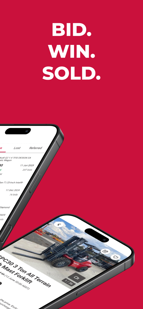 Grays: Auction Marketplace - Grays mobile app interface on two smartphones showing a forklift auction listing and bid tracking history against a red background with the words Bid Win Sold