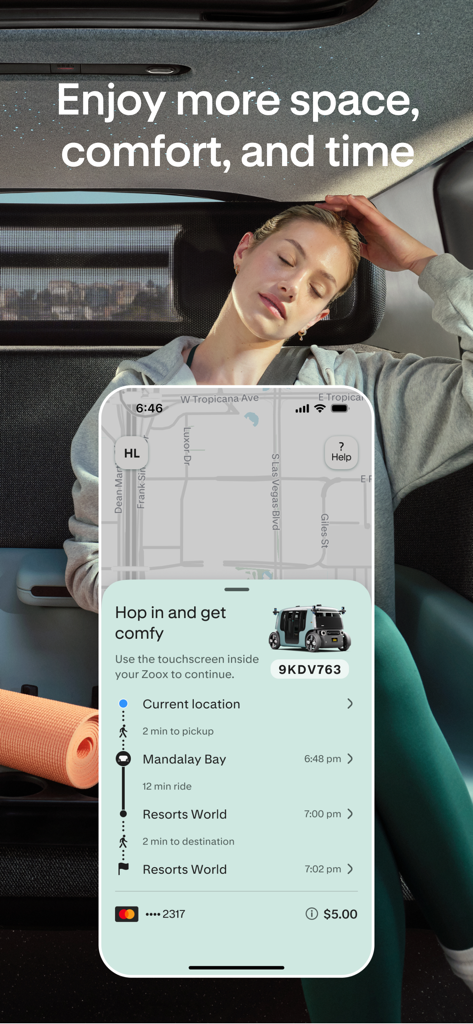 Zoox - Smartphone screen showing a Zoox robotaxi ride booking with a passenger relaxing in the background.