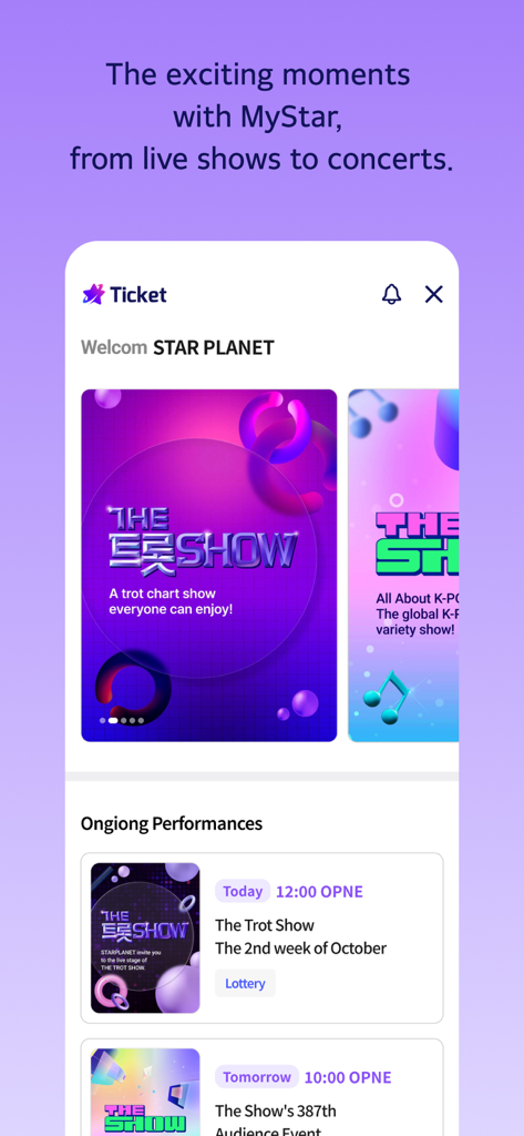 Star Planet app screen displaying concert tickets and live show voting options for K-pop programs