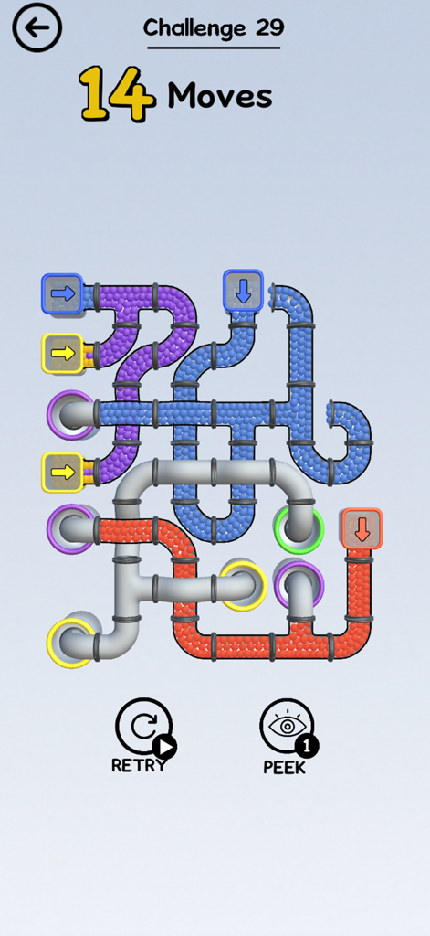 Pipes and Balls - A 3D puzzle game interface from Pipes and Balls featuring colorful interconnected pipes and small rolling balls