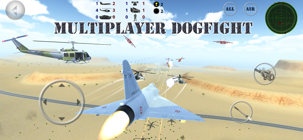 Fighter 3D Multiplayer - Fighter 3D Multiplayer gameplay showing a jet fighter and a helicopter in a desert dogfight.