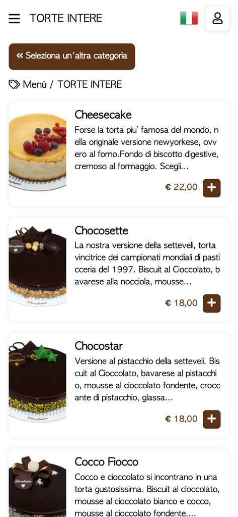 Menu de l'application mobile pour Chocofusion montrant une sélection de gâteaux entiers avec prix et photos