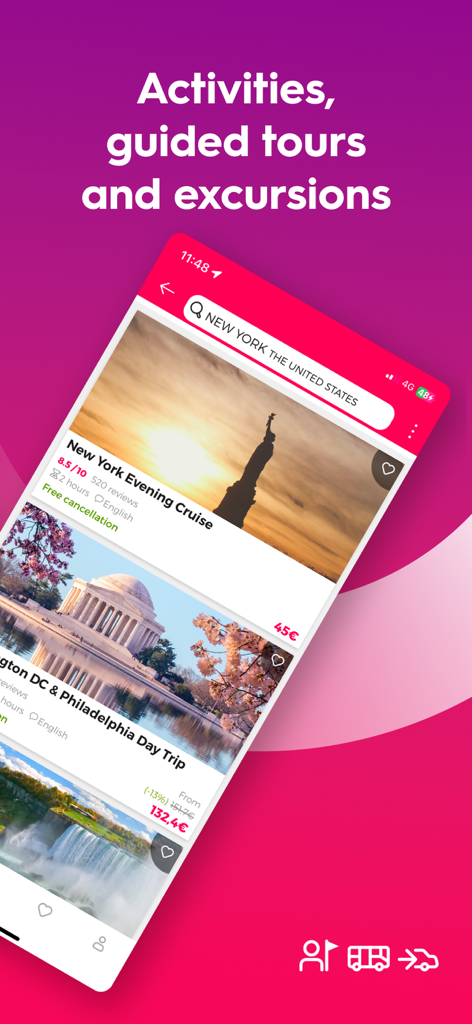 Interface do aplicativo móvel Civitatis exibindo tours guiados e atividades em Nova York