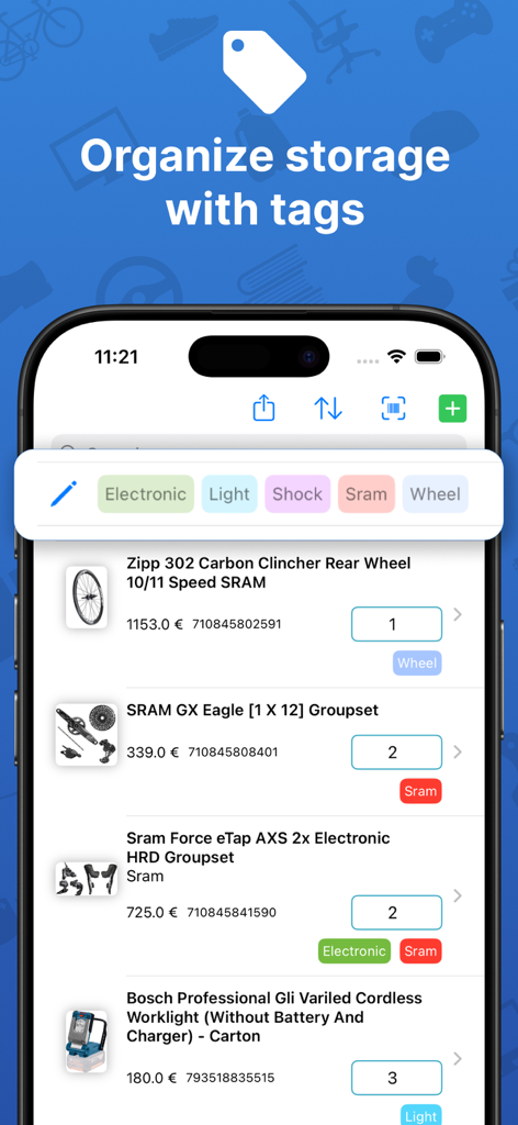 StockFlow: Warehouse control - StockFlow mobile app interface demonstrating inventory organization using color-coded category tags