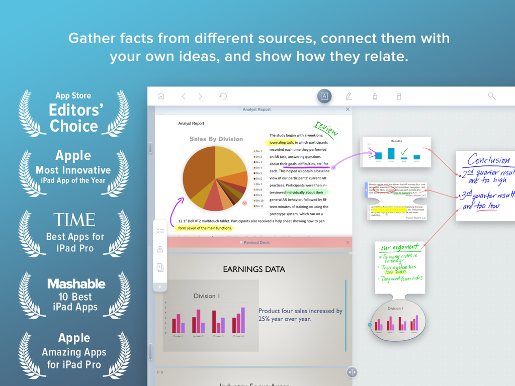 LiquidText app on iPad showing document analysis and handwritten notes connected by visual links in a workspace