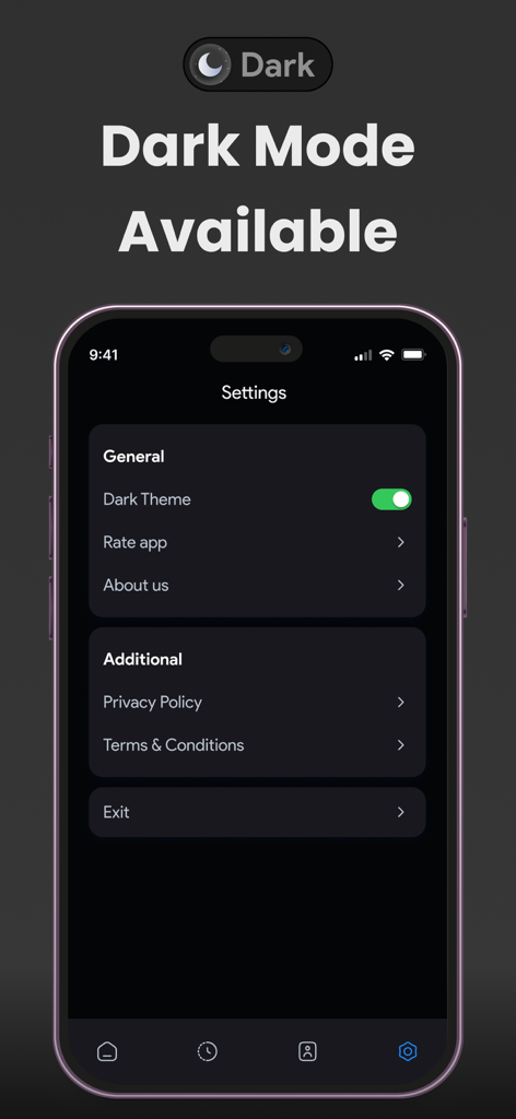 Humanize AI - AI Text Detector - La pantalla de configuración de la aplicación Humanize AI mostrando el interruptor del modo oscuro y las opciones generales.