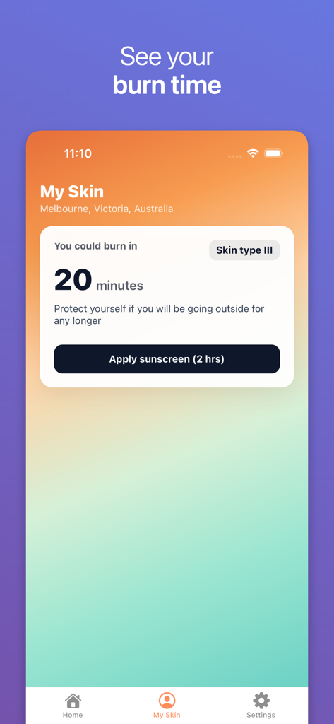 UVLens - UV Index - UVLens app interface showing a 20-minute burn risk assessment for skin type III with a sunscreen application reminder.