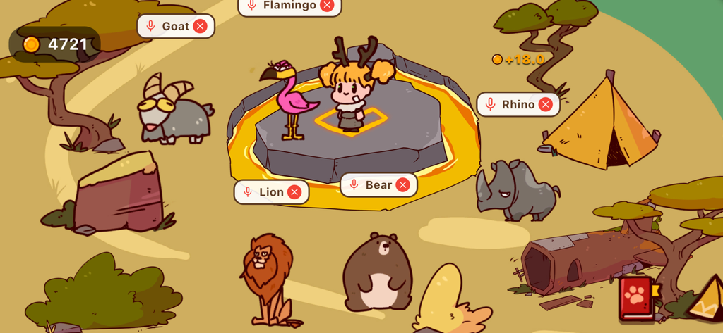 My Voice Zoo - World - サファリマップ上で、ライオンやサイなどの漫画風の動物とボイスレコーディングアイコンが表示された、マイボイス動物園ワールドのゲームプレイ画面。