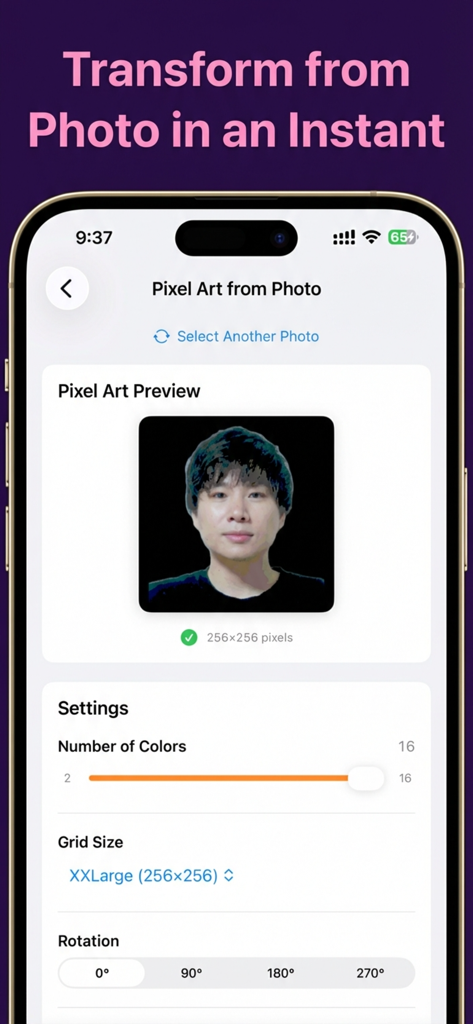 Oshi Island - Pixel Art Widget - Eine mobile App-Oberfläche zeigt ein Porträtfoto, das in Pixel-Art mit benutzerdefinierten Farb- und Rastereinstellungen konvertiert wird.
