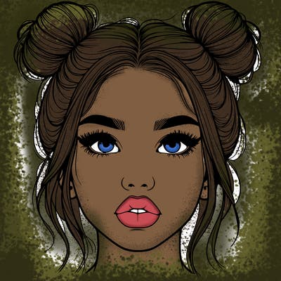 realistic girl with two buns on her hair and lips