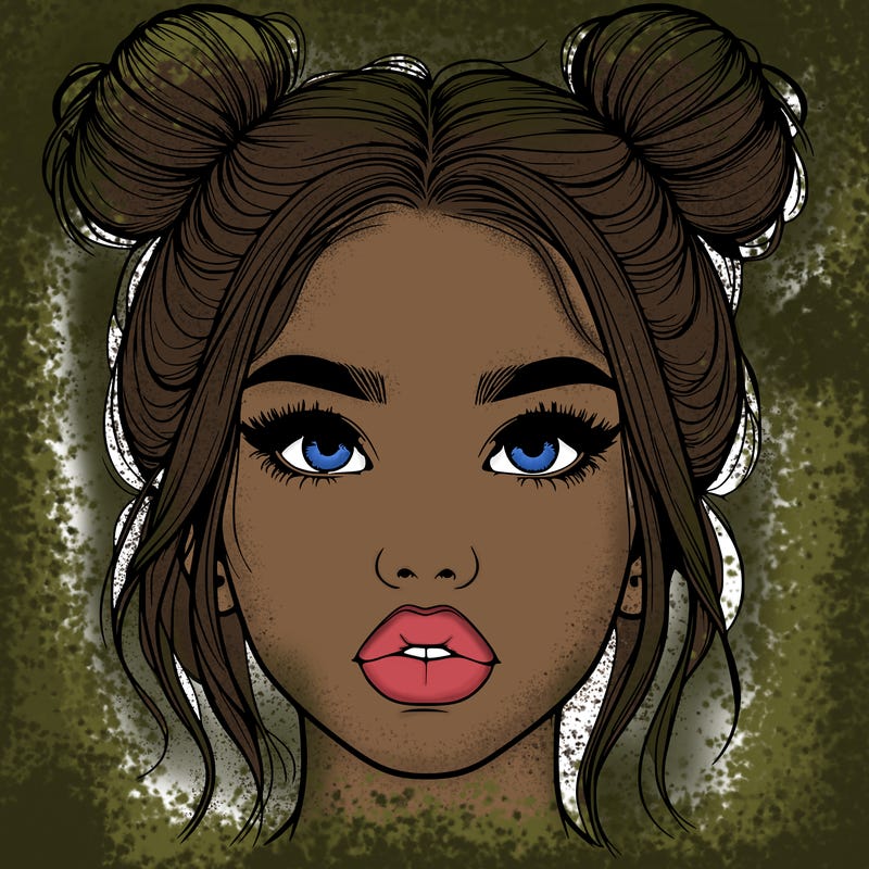 realistic girl with two buns on her hair and lips