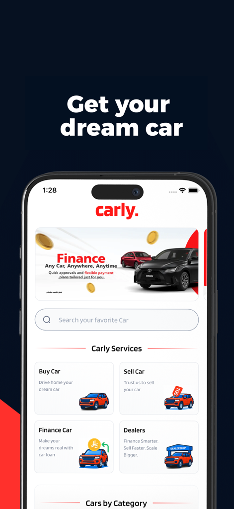 Carly app home screen showing car buying selling and financing services