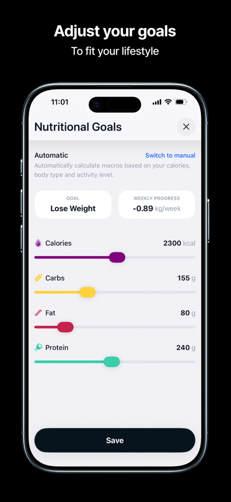 Calorie Tracker - CalorieCam - Interfaccia degli obiettivi nutrizionali in CalorieCam che mostra slider per calorie, carboidrati, grassi e proteine per un obiettivo di perdita di peso.