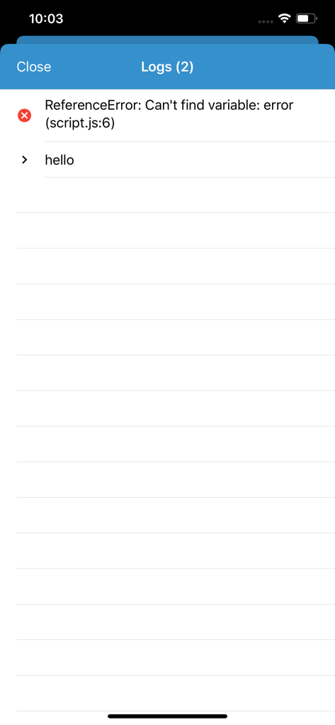 JavaScript Anywhere JSAnywhere - Console log interface in JavaScript Anywhere displaying a reference error and code logs